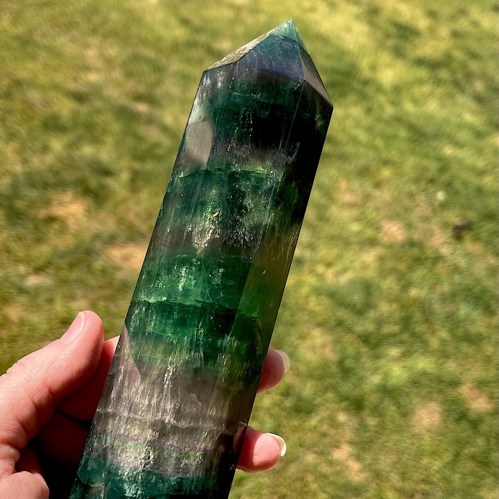 Huge 8” tall crystal fluorite tower  Green, grey, purple, teal, rainbows
